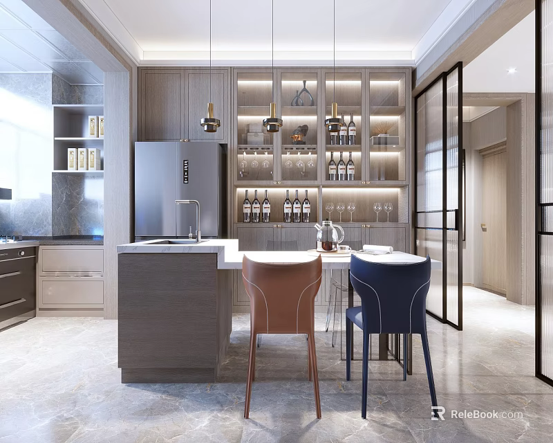 Modern Dining Living Room Open Design With Wine Rack Pendant Lights Island Counter And Seating 3d model 