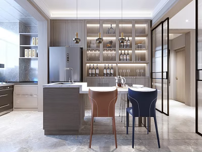 Modern Dining Living Room Open Design With Wine Rack Pendant Lights Island Counter And Seating 3d model