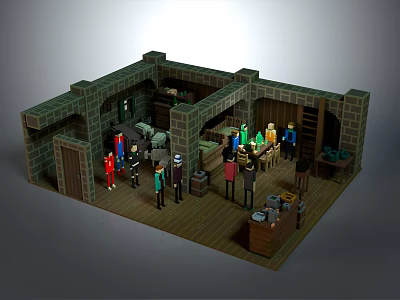 Cartoon Tavern Interior Scene With Colorful Characters Stone Walls And Wooden Floor 3d model