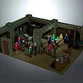 Cartoon Tavern Interior Scene With Colorful Characters Stone Walls And Wooden Floor