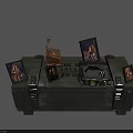 Industrial Equipment Green Storage Box Featuring Photos Small Statue and Equipment on Top