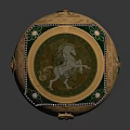 Golden Decorative Furniture Accent With Green Lid Ornate Patterns And Colored Gemstone Inlays