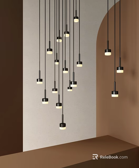 Modern Hanging Pendant Lights With Black Rods And White Shades In Interior 3d model 