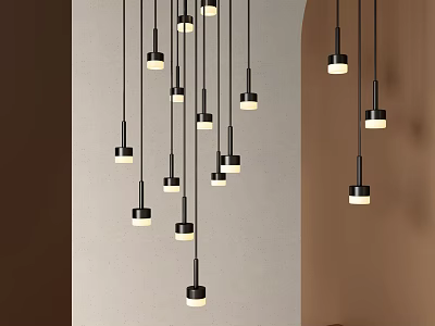 Modern Hanging Pendant Lights With Black Rods And White Shades In Interior 3d model
