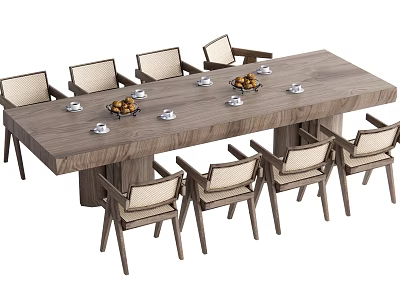 Modern Wooden Dining Table Set with Eight Chairs and Fruit Bowls Teacups 3d model
