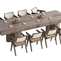 Modern Wooden Dining Table Set with Eight Chairs and Fruit Bowls Teacups