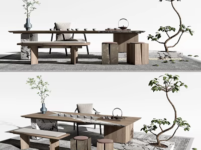 Natural Wooden Tea Table and Chairs with Stools and Green Plants in Zen Setting 3d model