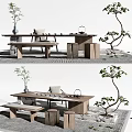 Natural Wooden Tea Table and Chairs with Stools and Green Plants in Zen Setting