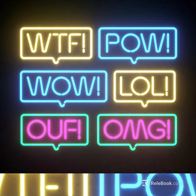 Neon Decorative Lights In Various Colors With Exclamation Words On Black Background 3d model 