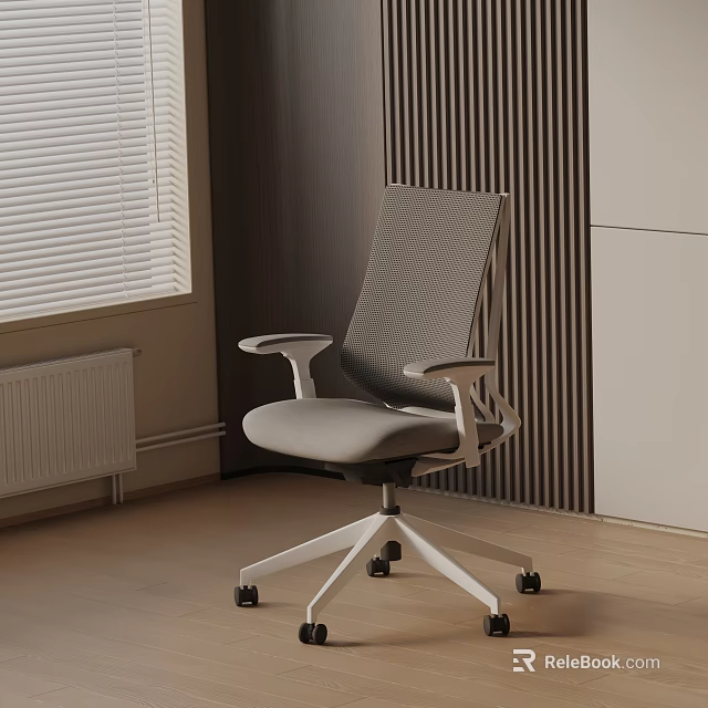 Modern Ergonomic Office Chair With Mesh Back Armrests And Wheels On Wooden Floor By Window 3d model 