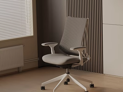 Modern Ergonomic Office Chair With Mesh Back Armrests And Wheels On Wooden Floor By Window 3d model