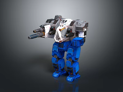 Blue And White Battle Mech Robot With Heavy Weapon And Armor Structure 3d model