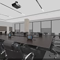 Modern Office Interior With Work Desk Computer Sofa Decorative Painting And Large Windows 3d model