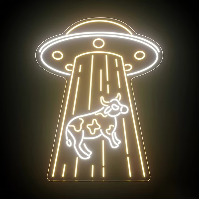Neon Decorative Light With UFO Shaped Top And Cow Pattern Illuminated Design 3d model