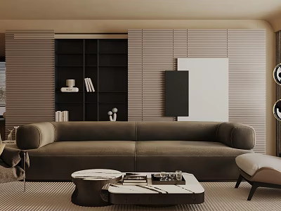 Modern Living Room Interior With Dark Brown Sofa Marble Coffee Table Black Bookshelf And Light Brown Walls 3d model