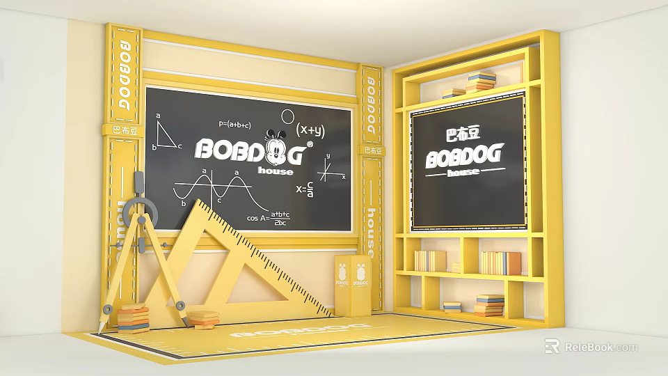 Yellow Learning Space With Blackboard BOBO DOG Logo Math Formulas Triangle Ruler And Bookshelves 3d model 