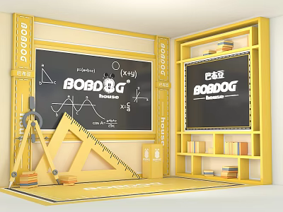Yellow Learning Space With Blackboard BOBO DOG Logo Math Formulas Triangle Ruler And Bookshelves 3d model