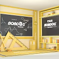 Yellow Learning Space With Blackboard BOBO DOG Logo Math Formulas Triangle Ruler And Bookshelves
