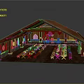 Cartoon Scene Of Wooden Hall Interior With Long Tables Benches And Decorative Elements