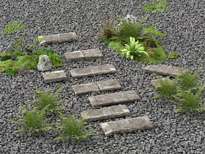 Natural Garden Stepping Stones with Irregular Slabs in Gray Gravel and Green Ferns 3d model
