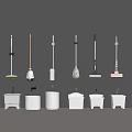 Cleaning Tools Hung on Gray Wall with Mops Brooms and White Buckets