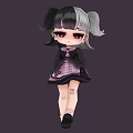 Cute Anime Character With Black And White Pigtails Red Eyes And Purple Plaid Skirt
