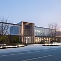 Modern Sales Office Building Architecture With Glass Curtain Wall And Landscaped Garden Featuring Trees And Lighting