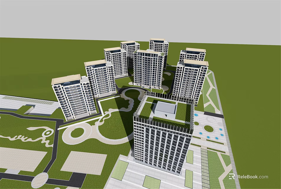 Modern High Rise Residential Complex With Green Spaces And Surrounding Roads 3d model 