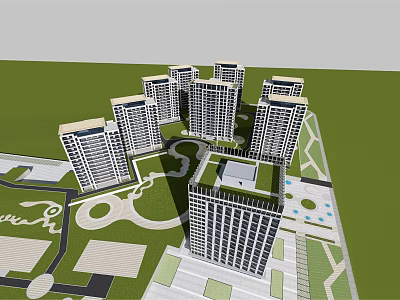 Modern High Rise Residential Complex With Green Spaces And Surrounding Roads 3d model