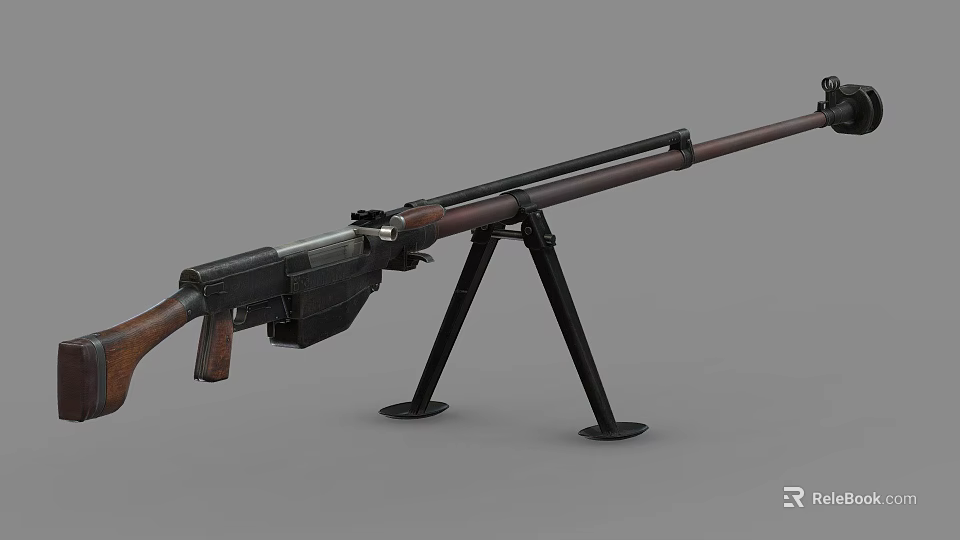 Vintage Military Machine Gun With Wooden Stock Black Metal Barrel And Tripod Stand 3d model 