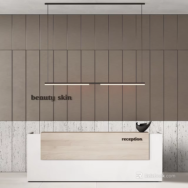 Beauty Skin Reception Desk With White Wooden Surface And Grey Panel Wall Pendant Lights 3d model 