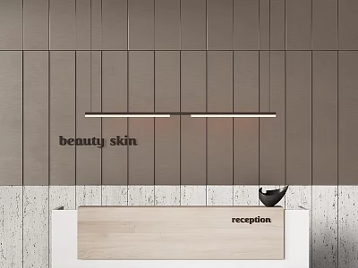 Beauty Skin Reception Desk With White Wooden Surface And Grey Panel Wall Pendant Lights 3d model
