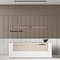 Beauty Skin Reception Desk With White Wooden Surface And Grey Panel Wall Pendant Lights