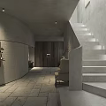 Modern Elevator Hallway Featuring Wooden Walls Gray Shelves Clay Pots Books And Stone Tile Floor