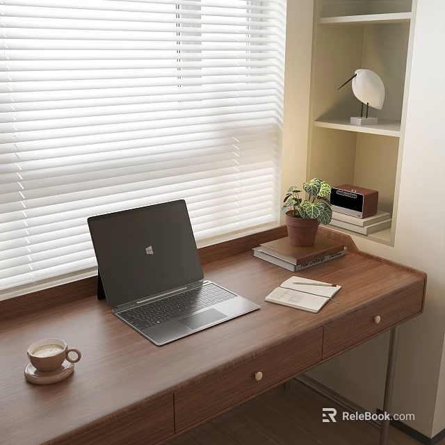 Wooden Desk with Laptop Coffee Cup Notebook Small Plant by Window Blinds Shelf Books Lamp 3d model 