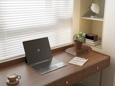 Wooden Desk with Laptop Coffee Cup Notebook Small Plant by Window Blinds Shelf Books Lamp 3d model