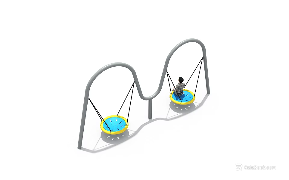 Fun Children's Playground Area With Gray Curved Swings And Yellow Seats 3d model 