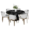 Modern Round Dining Table Set With Marble Top And Six Light Colored Woven Chairs 3d model