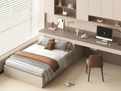 Modern Bedroom Interior With Bed Pillows Blanket Desk Computer Chair And Window Blinds 3d model