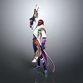 Fantasy Character Standing With Long Weapon And Sword On Back In White Green Outfit