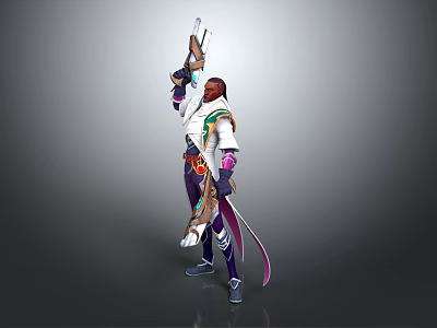 Fantasy Character Standing With Long Weapon And Sword On Back In White Green Outfit 3d model