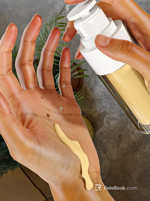 Nourishing Body Lotion Applying On Hand With Yellow Spray Bottle And Green Plants 3d model 