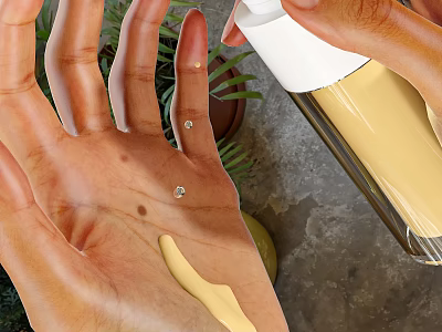 Nourishing Body Lotion Applying On Hand With Yellow Spray Bottle And Green Plants 3d model