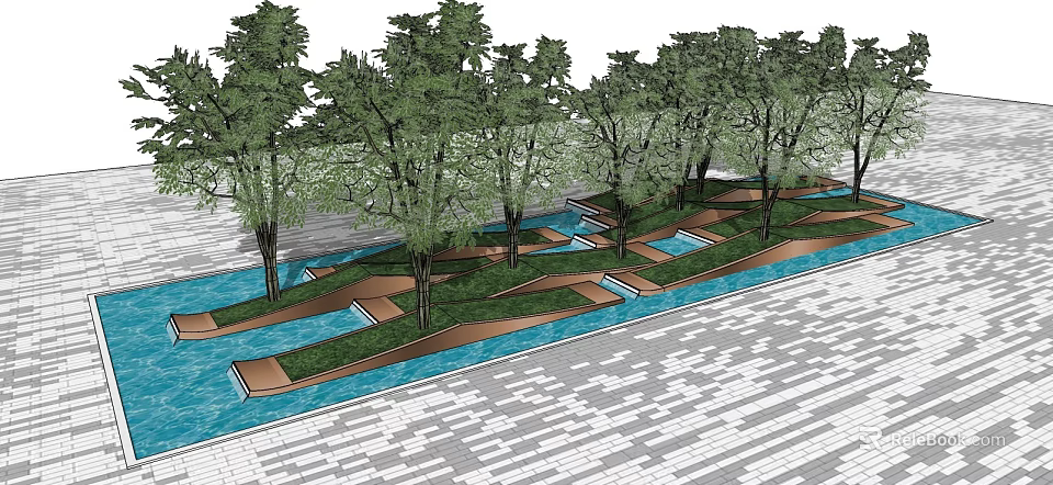 Tree Pit Landscape Design With Trees Green Grass Water Channels And Paved Ground 3d model 