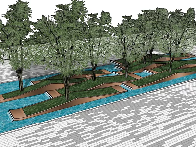 Tree Pit Landscape Design With Trees Green Grass Water Channels And Paved Ground 3d model