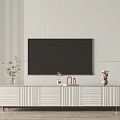 Modern White TV Stand With Flat Screen TV Vase And Decorative Plants