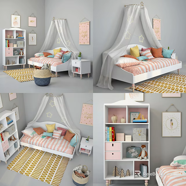 Kids Bed With White Canopy Star Patterns Striped Linens Colorful Pillows Small Nightstand And Bookshelf 3d model 