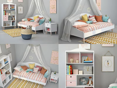 Kids Bed With White Canopy Star Patterns Striped Linens Colorful Pillows Small Nightstand And Bookshelf 3d model