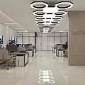 Modern Public Office Space With Geometric Pendant Lights Workstations And Green Plants