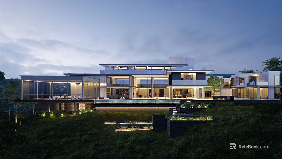 Modern Detached Villa Exterior Design With Glass Facade Lawn Swimming Pool And Lighting 3d model 